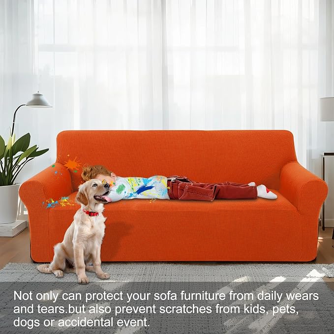Stretch loveseat Covers Washable Sofa Slipcover, Orange | 1 Piece Couch Covers for Sofa Furniture Protector with Non Skid Foam and Elastic Bottom for Kids, Dogs - Image 2