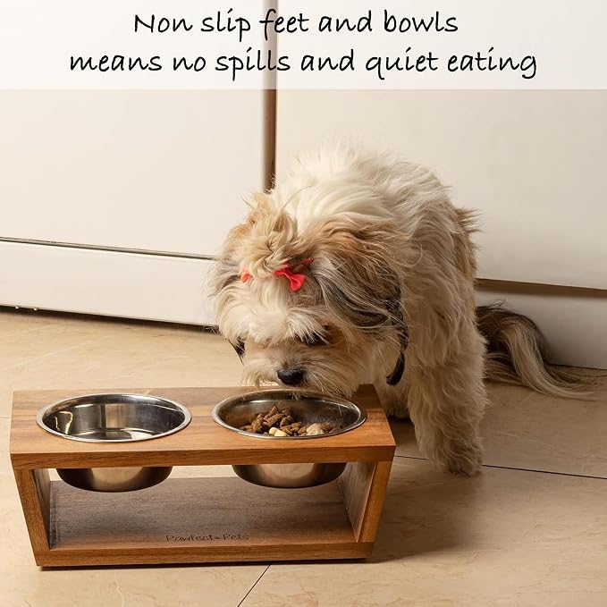 4" Tall Elevated Dog Bowls for Small Dogs, Food and Water Bowl Set by Pawfect Pets (Acacia) - Image 4