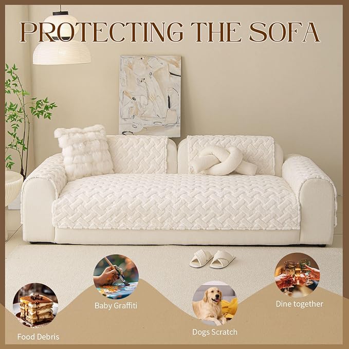 Waterproof Dog Bed Cover Non Slip Couch Cover for Dogs Washable Soft Faux Fur Sofa Cover Couch Covers for 3 Cushion Couch Sofa Pet Friendly (Off White, 34x62（1pc）) - Image 2