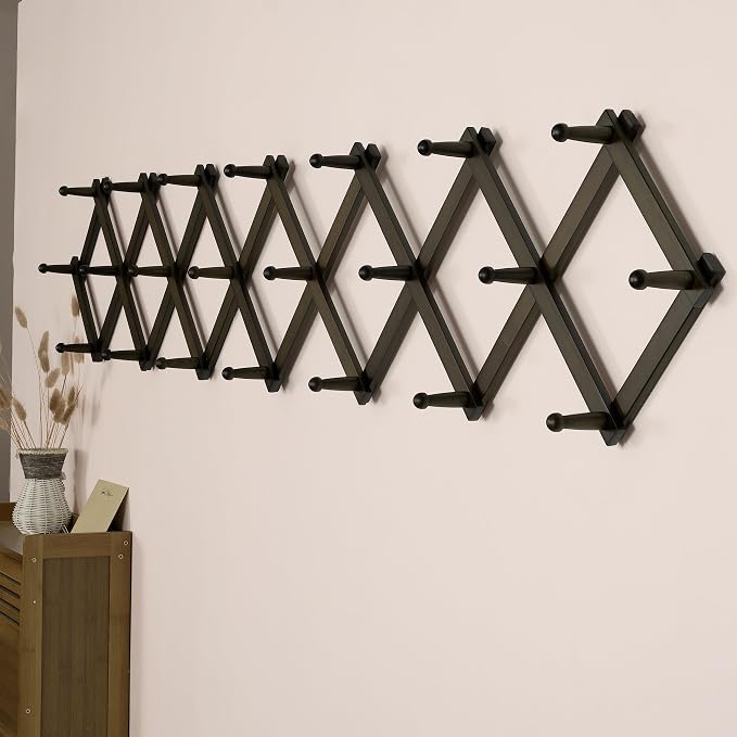 SKOLOO Accordion Wall Hanger with 22 Hooks, Modern Expandable Coat Rack Hat Rack for Wall, Solid Wooden, Dark Walnut Color - Image 4