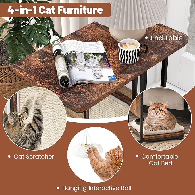Giantex Cat Scratcher Side Table, C-Shaped End Table with Cat Scratching Board, Washable Cushion, Jingling Ball, Metal Frame, Couch Table Cat Tree Tower for Living Room Bedroom, Rustic Brown - Image 5