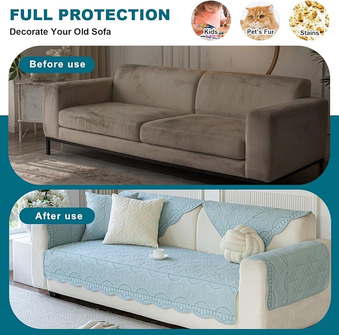 KRFOONN Cotton Quilted Dog Couch Cover for Sofa (02, 2PC 27.6" x 27.6") | Farmhouse Embroidery Sectional Couch Cover Washable, Soft Non Slip Sofa Slipcover Cushion Furniture Protector for Kids, Pets - Image 5