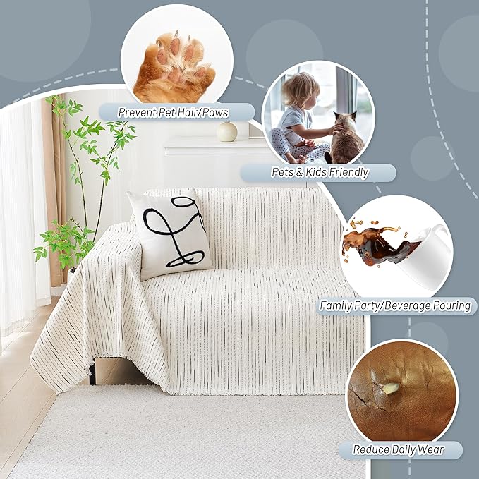 MYSKY HOME Couch Cover for Dogs, Sectional Couch Cover, Beige Lines Sofa Covers for Sectional Sofa L Shape Chenille Couch Protector for Dogs Pets Couch Covers Washable Soft Throw, 71"X134" - Image 5