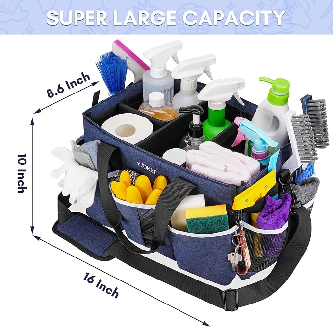 Ytonet Extra Large Cleaning Caddy Bag with 4 Foldable Dividers, Wearable Cleaning Caddy Organizer with Handle & Shoulder Strap & Waist Strap, Housekeeping Tote for Cleaners, Blue - Image 2