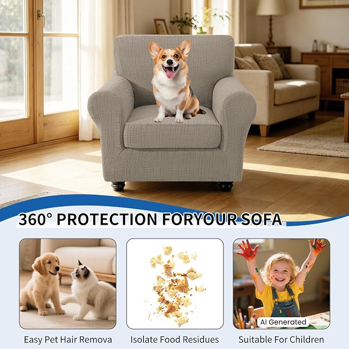 CYCMCAO Stretch 2 Piece Armchair Covers, Non Slip Chair Covers Armchair, Sofa Covers for Pets Washable with Elastic Bottom, Couch Slipcover for Kids, Dogs (Khaki), 31"-46" (1 Cushion) - Image 5