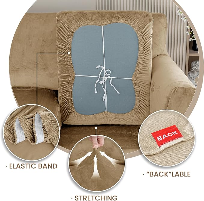 XINEAGE 3-Piece Velvet Sofa Cover,Couch Covers for Dog,Camel | 2 Cushion Sofa,Stretch Non-slip Elastic, Pet-friendly, Washable, Fast Setup, Soft Plush Fabric, Furniture Protector. - Image 7