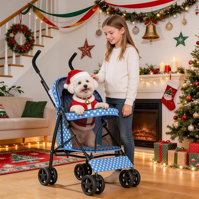 MoNiBloom 4 Wheels Pet Stroller, Easy-Fold Umbrella Shaped Dog Cat Jogger Stroller w/Storage Bag & Visible Mesh for Small/Medium Dogs Cats Sky Blue Polka Dots