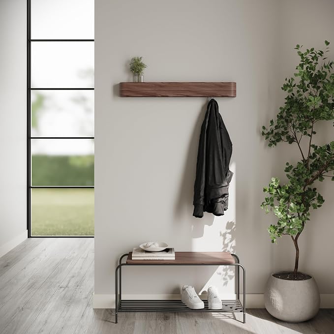 Kazai. Wall-Mounted Coat Rack 'Toke' - Modern Design with Hidden Wall Hooks - Solid Wood Veneer Panel Hanger - Walnut - Image 6