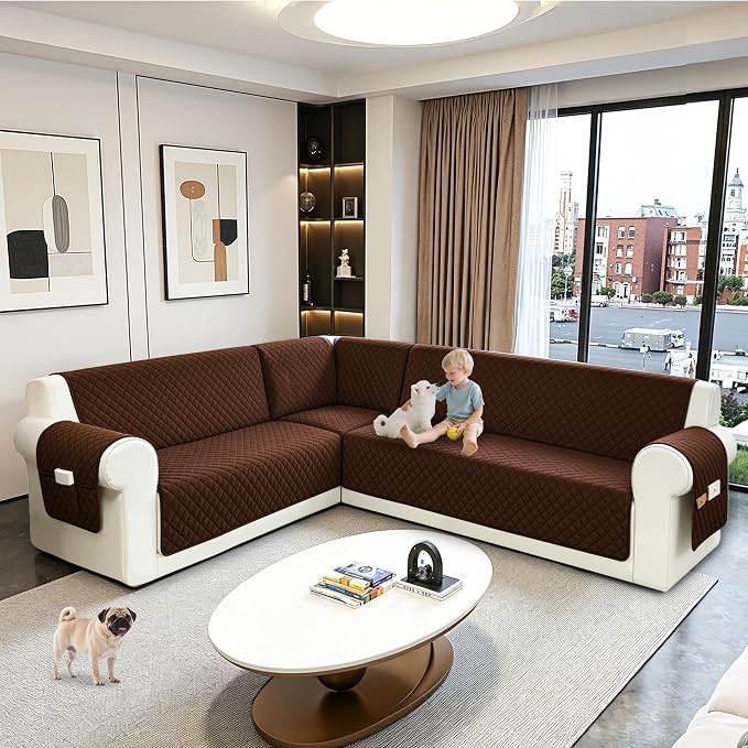 Sectional Couch Covers for Dogs 100% Waterproof Corner L Shaped Sofa Cover Pet Friendly Velvet Washable Anti Slip L Shape Modular Sofa Slipcover Protector with Pockets (Dark Coffee, XL Plus) - Image 6