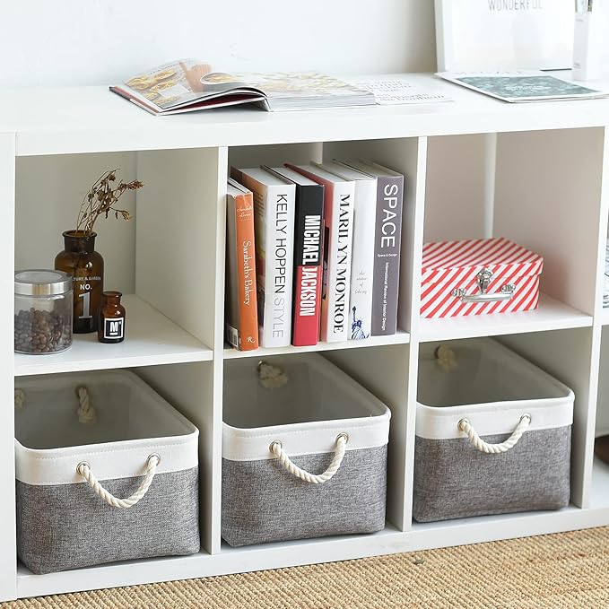 Large Storage Baskets for Shelves, Fabric Baskets for Organizing, Collapsible Storage Bins for Closet, Nursery, Clothes, Toys, Home & Office [3-Pack, White&Grey] - Image 3