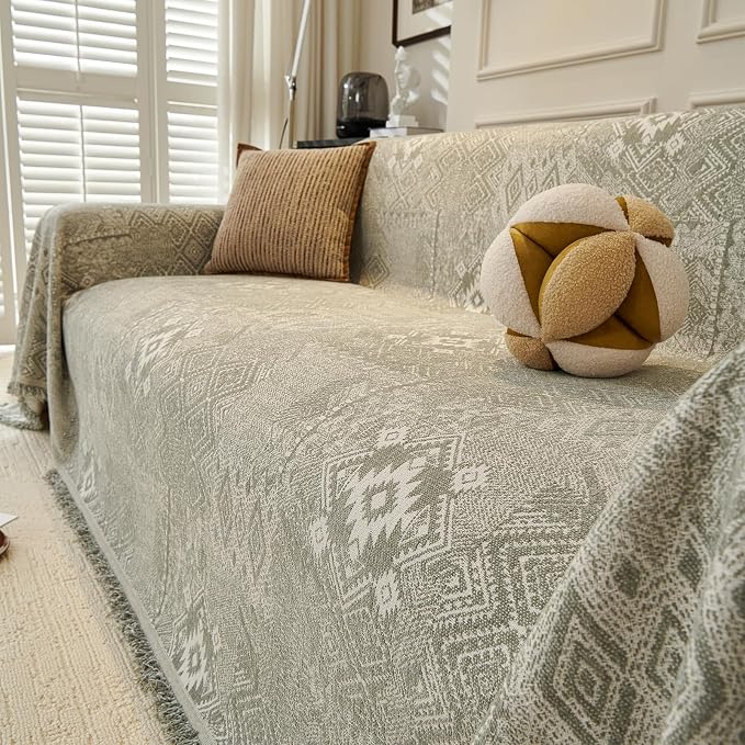 DREAMINGO Couch Cover - Geometric Jacquard, Sage Green, Boho Vintage 3 Cushion Couch Covers for Dogs Washable, Chenille Furniture Protector Sectional Sofa Slipcovers 3 Seater, X-Large 71"x134" - Image 4