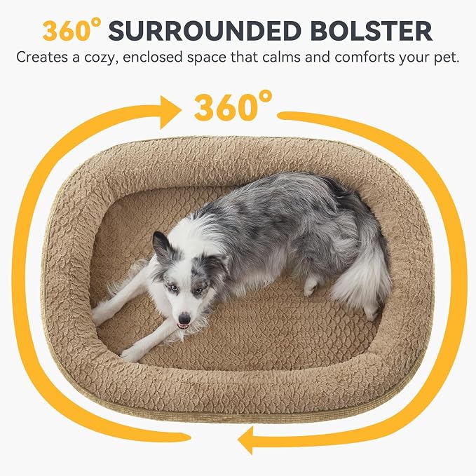 JOEJOY Orthopedic Dog Bed for Large Dogs, Egg-Crate Memory Foam Pet Bed with Bolster Sides, Waterproof Lining, Removable Washable Cover & Non-Slip Bottom, Light Brown - Image 3