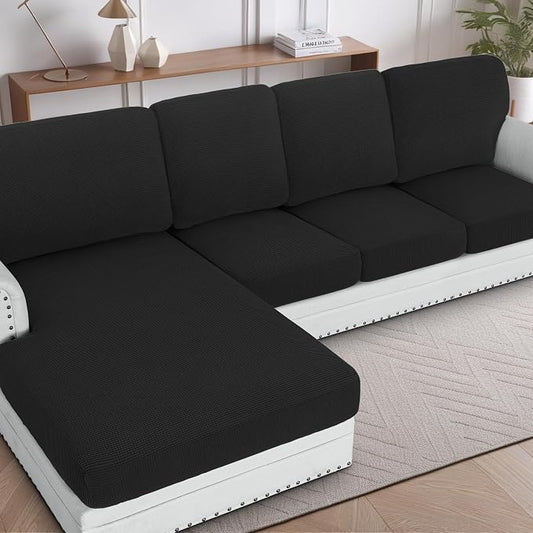 H.VERSAILTEX Sectional Couch Covers 1 Piece Chaise Slipcover L Shape Separate Cushion Couch Cover for Both Left/Right Sectional Couch (Seat Only: 1 Chaises, Black) by HVERSAILTEX