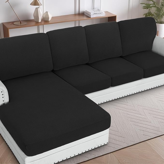 H.VERSAILTEX Sectional Couch Covers 4 Pieces Sofa Seat Cushion Covers L Shape Separate Cushion Couch Chaise Cover for Both Left/Right Sectional Couch (Seat Only: 1 Chaise + 3 Sofa, Black) by HVERSAILTEX