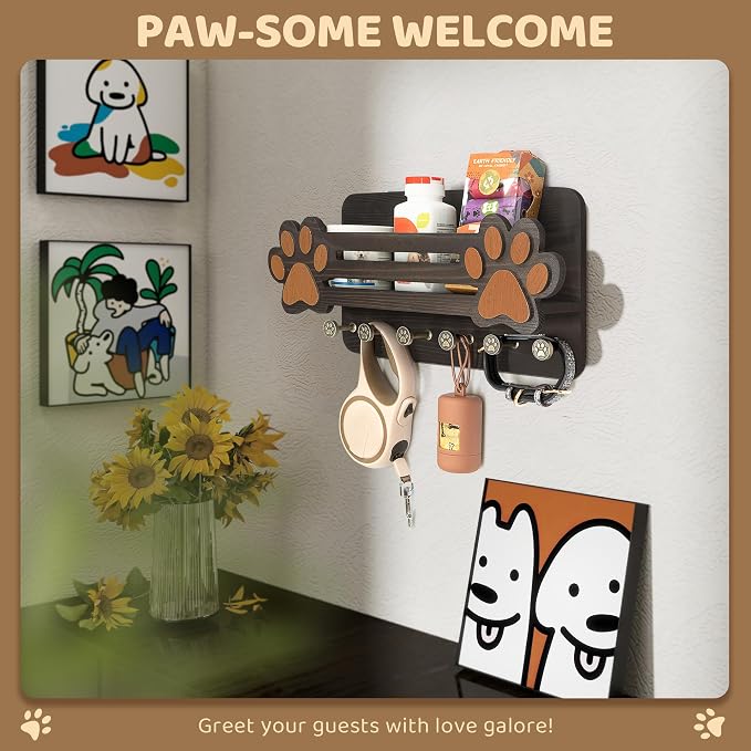 MTERSN Decorative Dog Leash Holder for Wall - Cute Dog Accessories Organizer with Floating Shelf & 6 Key Hooks – Key Holder Wall Mount for Cute Stuff and Farmhouse Decor (Dark Brown) - Image 4