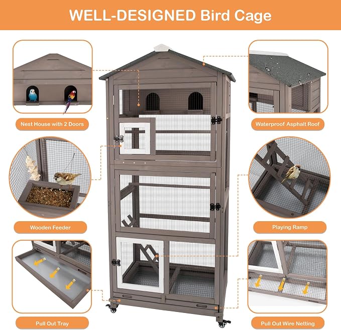 Gowoodhut 68.8"L Outdoor Bird Aviary Indoor Wooden Large Bird Cage Parakeet Cage on Wheels,Removable Wire Netting Slide Pull Out Tray, 2 Perches, Nest House,Ideal for Small Birds,Finches,Parrots,Grey - Image 5
