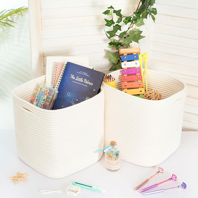 MINTWOOD Design 3-Pack 11x11in Woven Cube Storage Bin and Shelf Baskets, Cute Decorative Square Organizer for Closet, Classroom, Bathroom, Dog and Cat Toys, and Books, Creamy White - Image 4