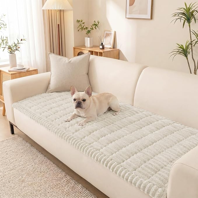 Non-Slip Washable Couch Cover for Dogs, Soft Thick Ribbed Flannel | 27.6"x70.9", Cream, 0.8" Thick, Rubber Dot Backing, Pet-Friendly Protector for Sofa, Floor, Window Bench, Car Seat or Camping by Unknown