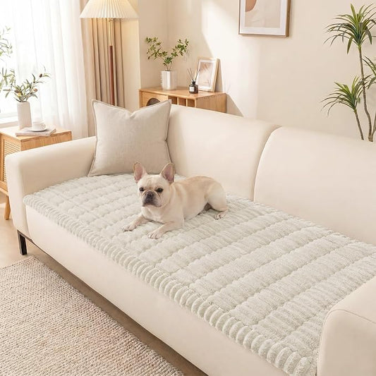 Non-Slip Washable Couch Cover for Dogs, Soft Thick Ribbed Flannel | 27.6"x70.9", Cream, 0.8" Thick, Rubber Dot Backing, Pet-Friendly Protector for Sofa, Floor, Window Bench, Car Seat or Camping by Unknown