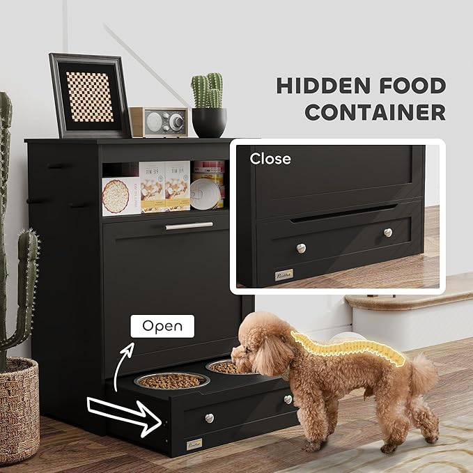 PawHut Dog Feeding Station with Raised Bowls, Pet Feeder Station, Black | Dog Food Storage Cabinet, Hanger for Feeding & Watering Supplies - Image 5