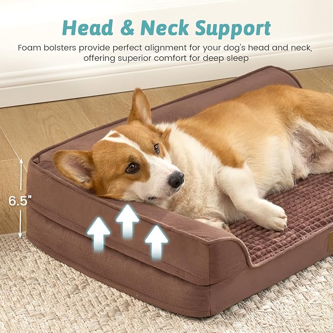 COZY KISS Orthopedic Dog Bed for Medium Small Size Dog, Dogs Crate Bed, L Shaped Foam Anti-Slip Bottom Pet Cat Sofa with Washable Removable Cover, Suitable for Pet Up to 40 lbs, 30x20x6.5 inch, Brown - Image 3