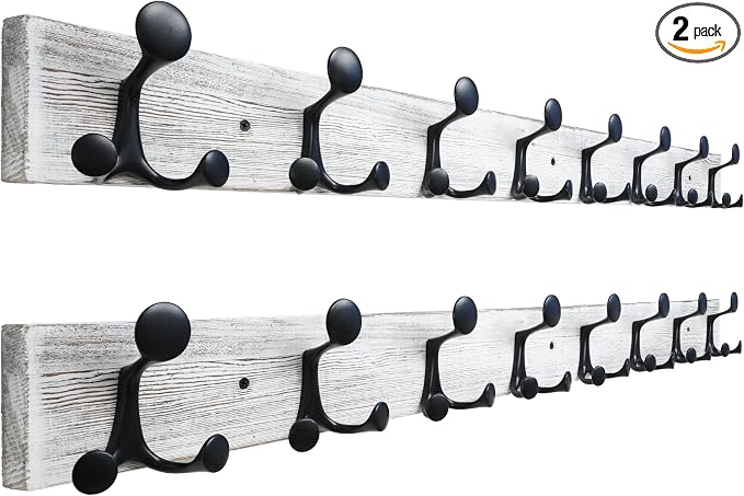SKOLOO 43-Inch Wood Coat Rack Wall Mount with 8 Triple Hooks - Ideal for Family Entrances, Classrooms, and Pet Supplies Storage - Perfect Coat Hooks for Wall,Distressed White Wash, Pack of 2 by SKOLOO