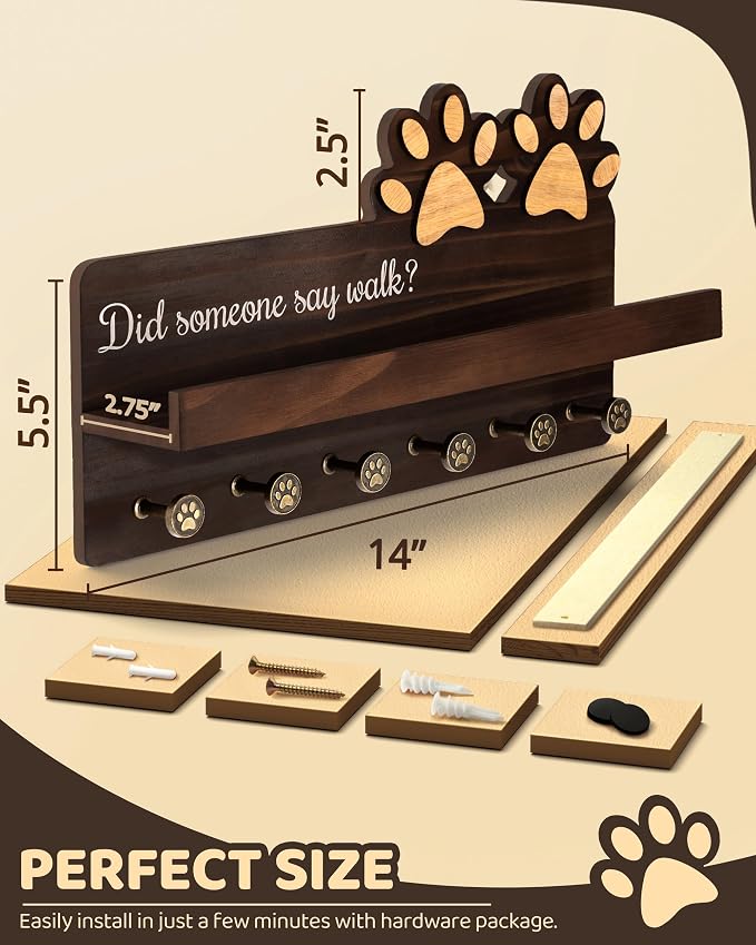 MTERSN Farmhouse Dog Leash Holder for Wall - Cute Key Holder Wall Mount with Floating Shelf & 6 Paw Hooks - Dog Lover Gifts for Wall Organize and Elevate Room Decor (Brown) - Image 6