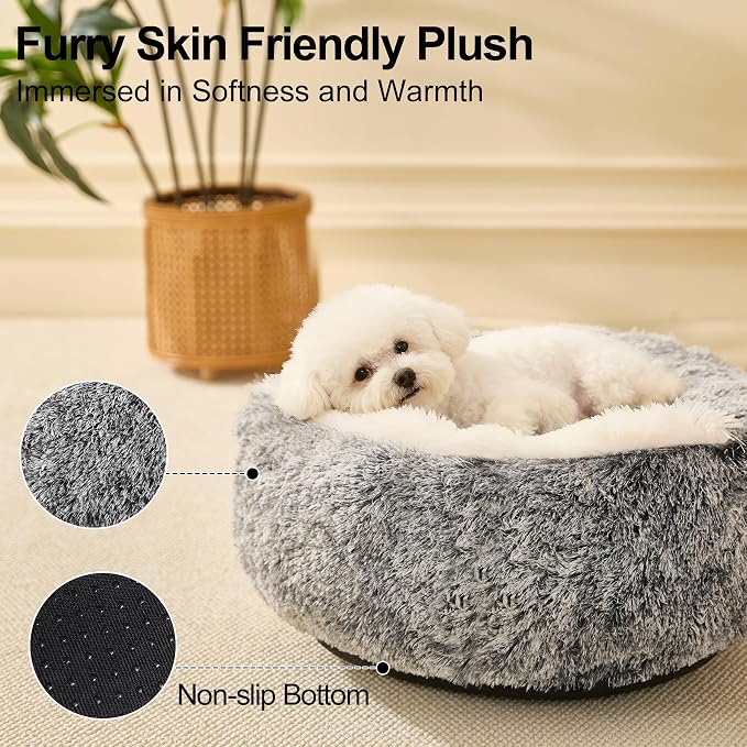 Calming Dog Beds & Cat Cave Bed with Hooded Cover,Removable Washable Round Beds for Small Medium Pets,Anti-Slip Faux Fur Fluffy Coved Bed for Improved Sleep,Fits up to 15/25 lbs(Grey,M) - Image 2