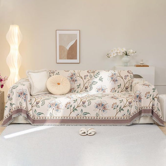 Floral White Jacquard Boho Couch Cover - Washable Decorative Chenille Sofa Slipcover for Kids and Pets, 1 Piece Non Slip Furniture Protector, Multi-Use Blankets (XLarge, 71" x 134") by AMZTOP