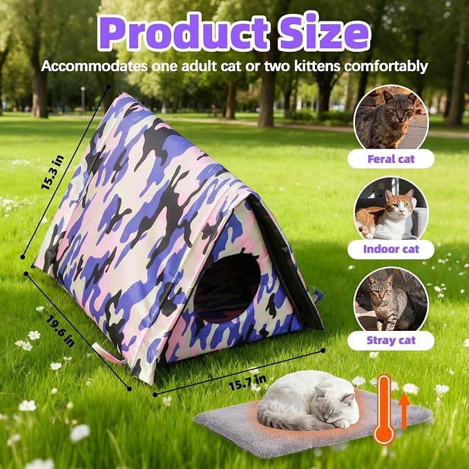Cat Houses for Outdoor Cats,Self Heating Insulated Outdoor Cat House Weatherproof with Warm Mat for Feral & Stray Cats, Waterproof Cat Shelter Pet Tent Bed Cave for Hiding Outsides (Green) - Image 2