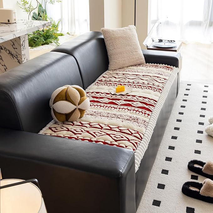 VClife Boho Couch Cover, Soft Fuzzy Couch Covers for Dog, Non-Slip Furniture Protector, Washable Durable Sofa Covers for Couch/Bench, Tribal White Red Geometric Slipcover, 27.6" x 82.7" - Image 2