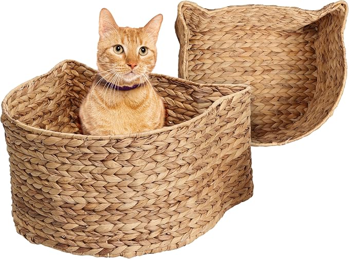 BSK4001A-2SET Feliz Cat-Shaped Hand Woven Water Hyacinth Nesting Pet Toy Organizer Baskets, Cay Storage Box for Living Room, Natural (Set of 2) by THELICKERSTORE