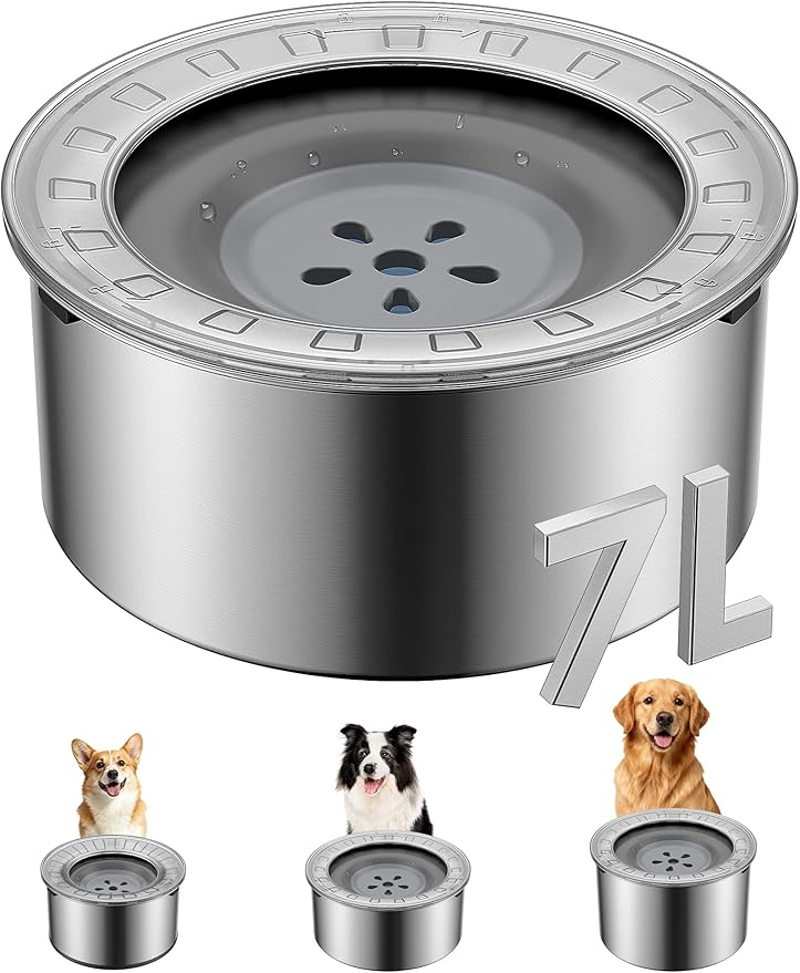 Heouvo 1.8 Gallon No Spill Dog Water Bowl with Slow Drink Floating Disk | Splash-Proof Lid + Stainless Steel Bowl/Rubber Bottom/Slobber Stopper Water Bowl for Large Sloppy Messy Drinkers Reduce Mess by Heouvo