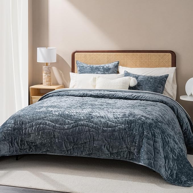 EverGrace Luxury Wave Crushed Velvet Quilt Set, King Size, Stormy Blue | Luxurious Soft, Lightweight Velvet Comforter, Cozy Plush Oversized Bedspread Coverlet for All Season, with 2 Shams by EverGrace