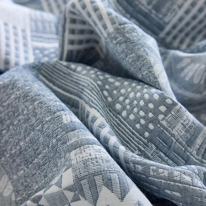 DREAMINGO Vintage Patchwork 3-Layer Gauze Geometric Jacquard Sofa Cover, Farmhouse Couch Cover Blanket for 3 Seater, Living Room Washable Furniture Protector, Denim Blue, 91"x134" - Image 5