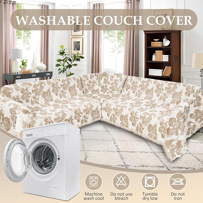 1OO% Waterproof Sectional Couch Covers for Dogs L Shaped Corner Sofa Cover Washable Chenille Sofa Slipcovers Blanket Modern Jacquard Pet Furniture Protector (91"x276", Khaki Flower Shadow) - Image 8