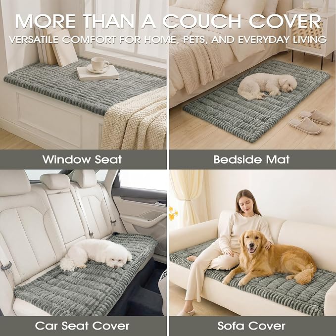 Non-Slip Washable Couch Cover for Dogs, Soft Thick Ribbed Flannel | 27.6"x70.9", Light Gray, 0.8" Thick, Rubber Dot Backing, Pet-Friendly Protector for Sofa, Floor, Window Seat, Car or Camping - Image 7