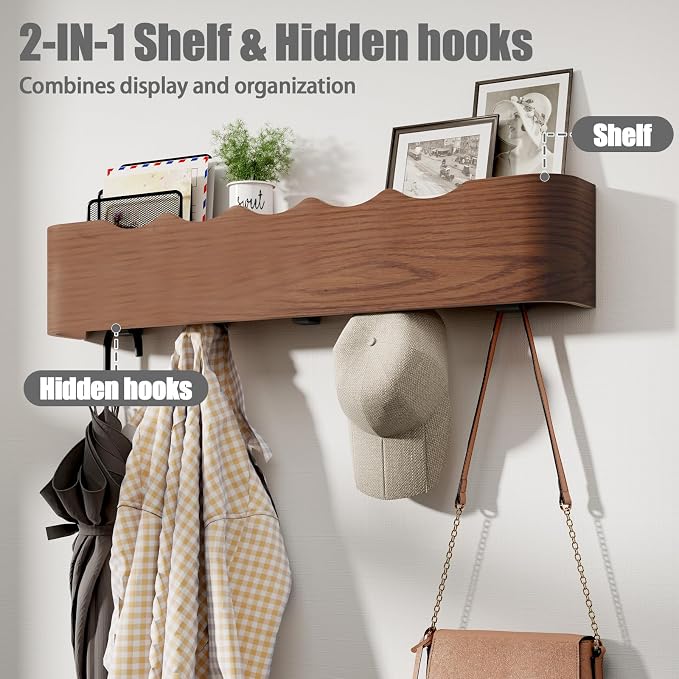 Coat Rack Wall Mount with Shelf 8 Hidden Hooks Modern Wooden Key Holder Entryway Organizer for Hallway Bedroom Bathroom Home Decor Storage for Hanging Coats Hats Bags Towels, Wave-Shape Walnut - Image 2