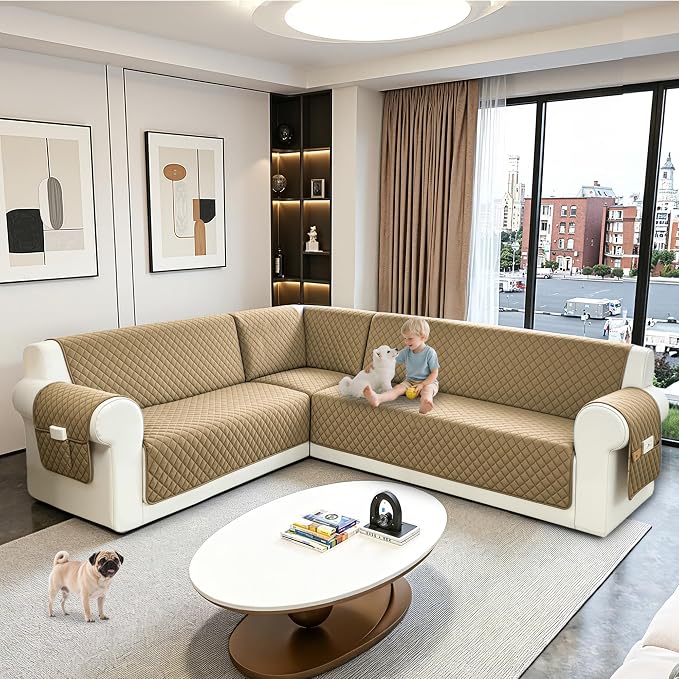 Sectional Couch Covers for Dogs 100% Waterproof Corner L Shaped Sofa Cover Pet Friendly Velvet Washable Anti Slip L Shape Modular Sofa Slipcover Protector with Pockets (Light Brown, X-Large) - Image 6