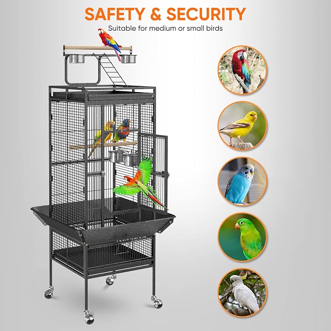 ZENY 61-inch Playtop Parrot Bird Cages, Wrought Iron Large Birdcage with Rolling Stand for Parakeet Cockatiels Quaker Conure Lovebird Finch Canary Small Medium Parrot Cage Birdcage (Black) - Image 4