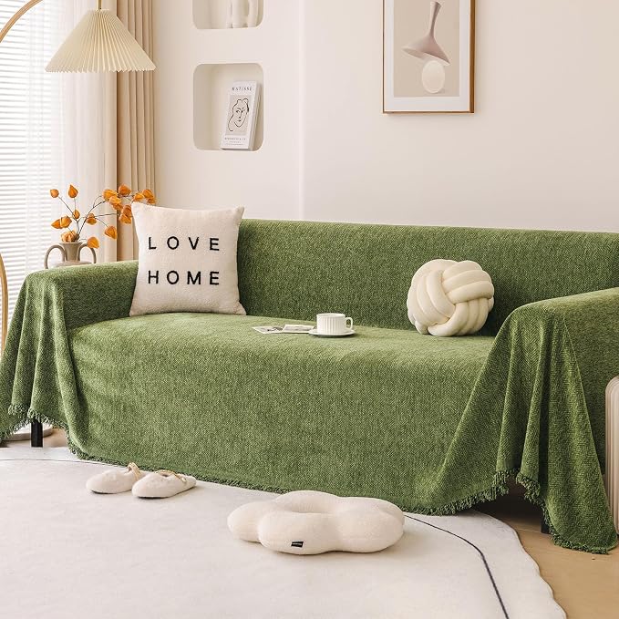VClife Couch Cover for Dog Green Sofa Covers for Sectional Sofa, Non Slip Chenille Sofa Slipcover Protector with Tassel, Boho Chic Couch Cover Throw Washable Furniture Couch Protector, 71"X118" - Image 8