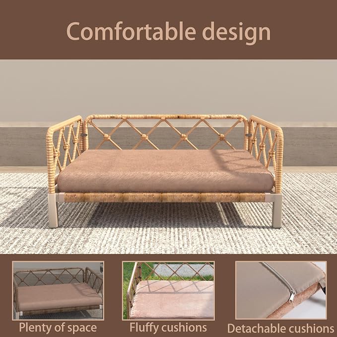 Elevated Waterproof Dog Beds with Egg Crate Foam Support Pet Bed, Outdoor Dog Sofa Bed PE Wicker Orthopedic Pet Couch Bed with Washable Removable Cushion for Medium, Small Dogs, Brown - Image 5