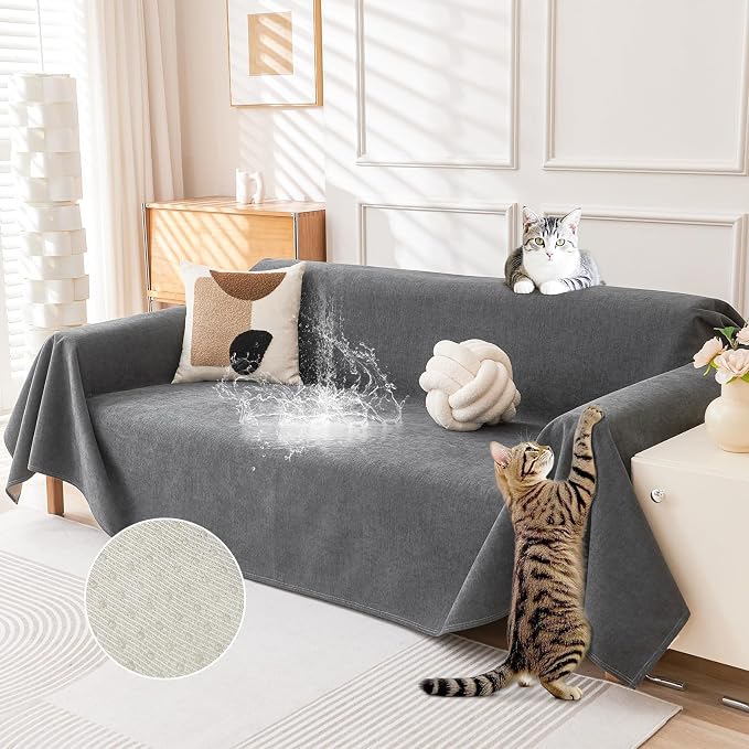 Deep Dream Cat-Scratch Resistant Couch Cover, Waterproof Sofa Cover for 3 Cushion Couch Washable, Pet Friendly Couch Protectors Anti Slip Thickened Sofa Slipcovers for Dogs Pets, 91" x 150", Dark Grey by DeepDream