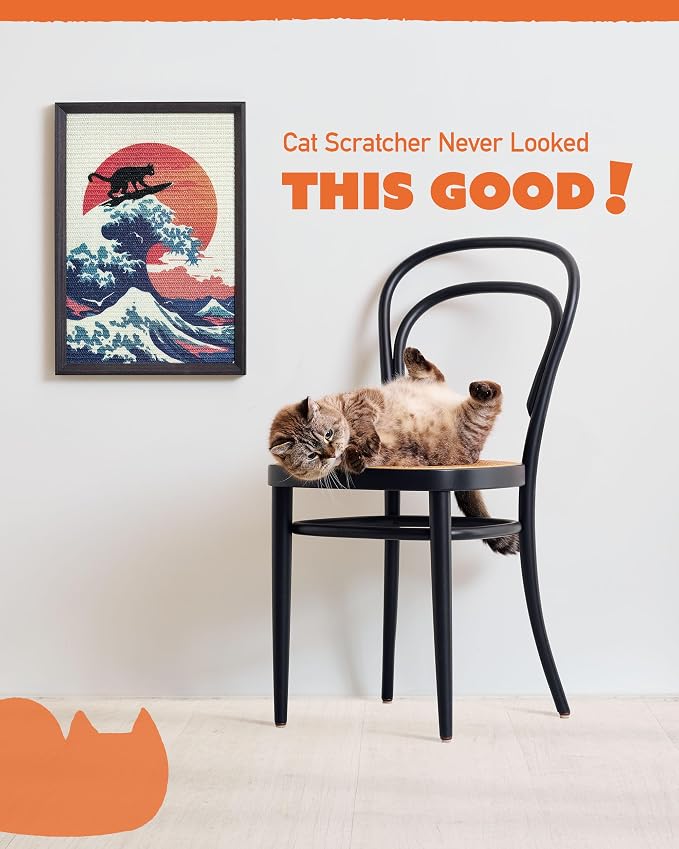 Decorative Wall Art Cat Scratcher for Vertical Scratching, 14"x20" Framed Sisal Scratch Pad Mat with Renter-Friendly No-Drill Wall Mounted Setup, Durable Alternative to Cardboard (The Cat Wave) - Image 2