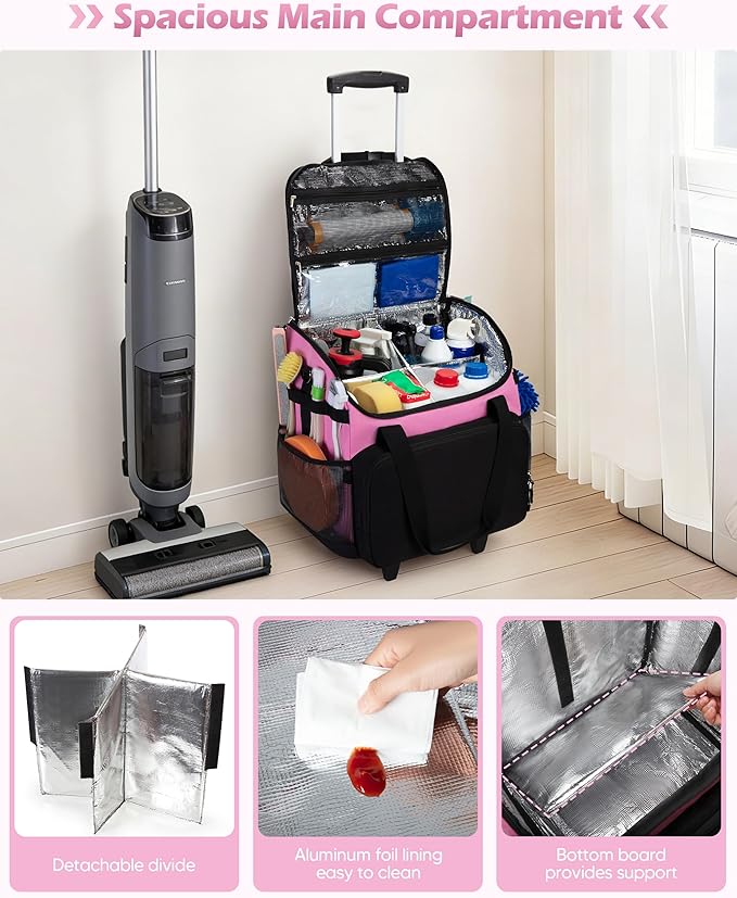 Marscamd Large Rolling Cleaning Caddy Bag with Detachable Trolley, Cleaning Supplies Organizer with Wheels for Housekeepers, Pink - Image 4