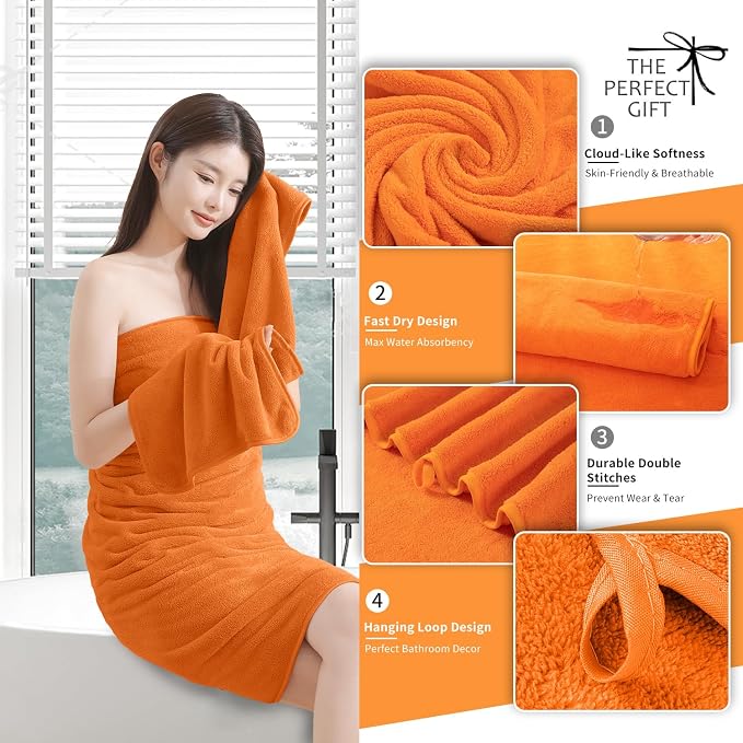 Extra Large Bath Sheet 4 Piece (35"x70")-Ultra Soft Oversized Bath Towel,Bath Sheet Set for Bathroom Hotel,Highly Absorbent Quick Dry Shower Towel Set for Adults,Bathroom Towel-Orange - Image 2
