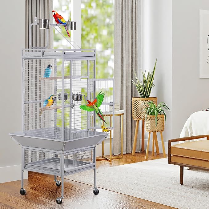 ZENY 61-inch Large Parrot Cockatiel Bird Cages with Wrought Iron Play Top, Aviary with Rolling Stand for Sun Parakeet Quaker Conure Lovebird Budgie Finch African Grey White Birdcage (White) - Image 5