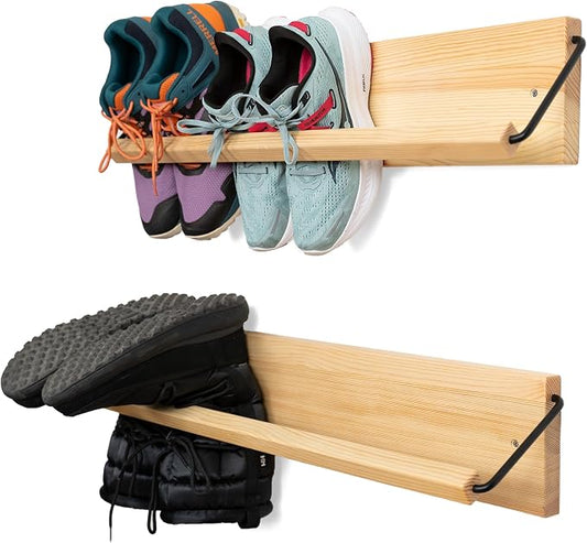 Wall Mounted Shoe Rack - A Wooden, Modern, Slim, and Small Shoe Storage Solution for Shoes and Boots in Narrow Spaces, entryways, or hallways. (30-in-Wide, Pack of 2) by PeachyModern