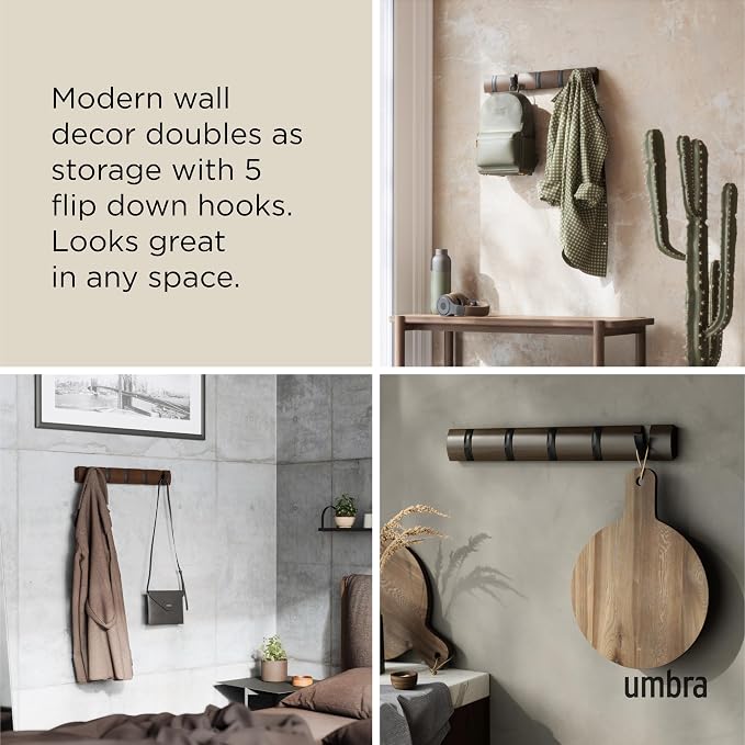 Umbra Flip Coat Rack, Wall Mounted 5-Hook Space Saving, Walnut/Black | Real wood and steel build, retractable hooks fold flat, holds coats bags and scarves, easy install - Image 4