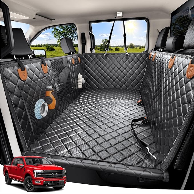 Zanch Heavy-Duty Dog Truck Seat Cover, Flat Solid Back Seat Extender for Multi Large Dogs, Hard Bottom Supports 450 lb, Waterproof Hammock Protector, XL for Full-Size Crew Cab Trucks & SUVs, Matte Blk by Zanch